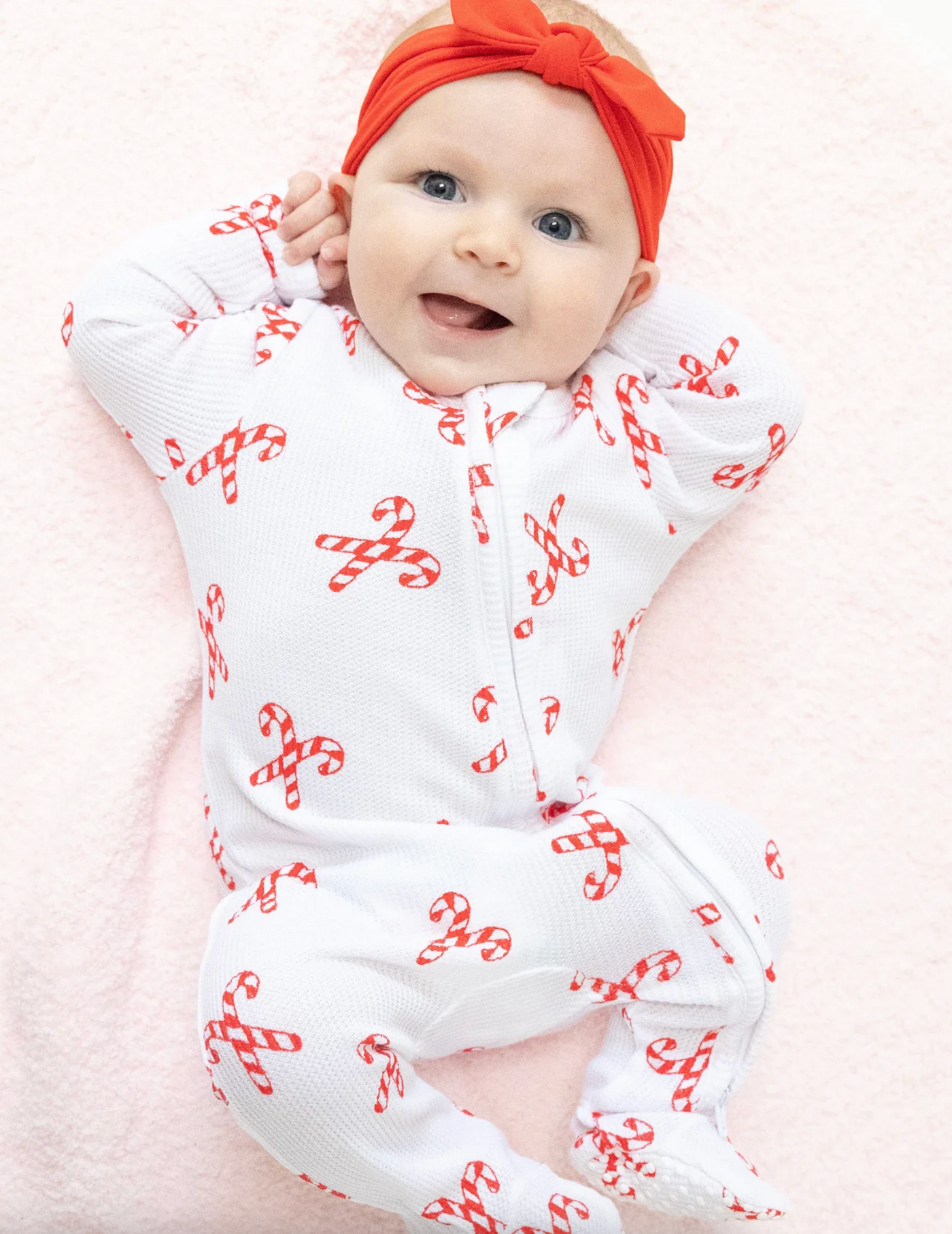 Red Candy Canes Bows Zipper Footie