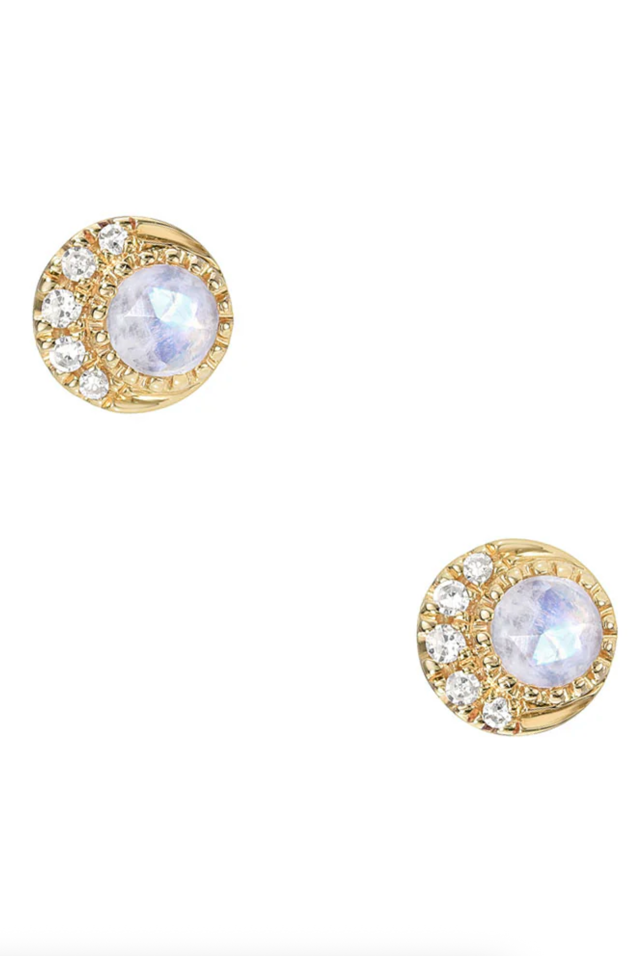 Petite Moon Phase Rainbow Moonstone Studs | 14K Gold - The Cross Decor & Design