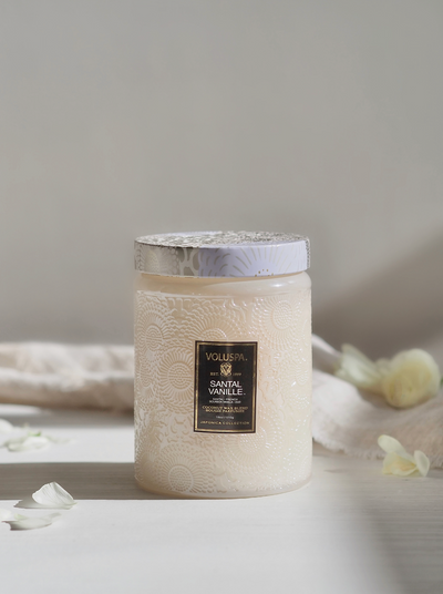 Santal Vanille Embossed Glass Jar Candle | Large - The Cross Decor & Design