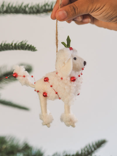 White Poodle w/ Holly Hat Ornament