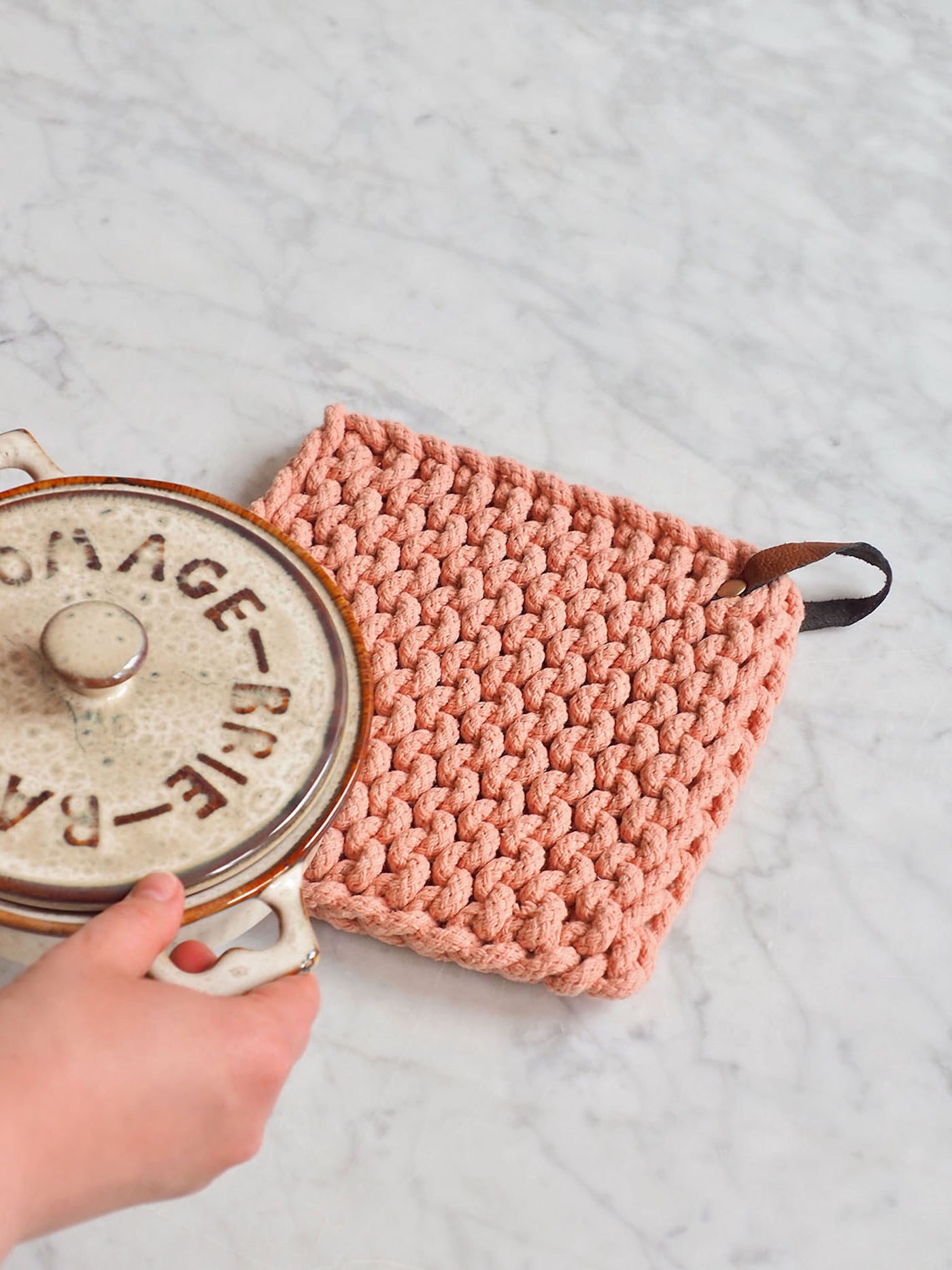 Crocheted Pot Holder w/ Leather Loop - The Cross Decor & Design