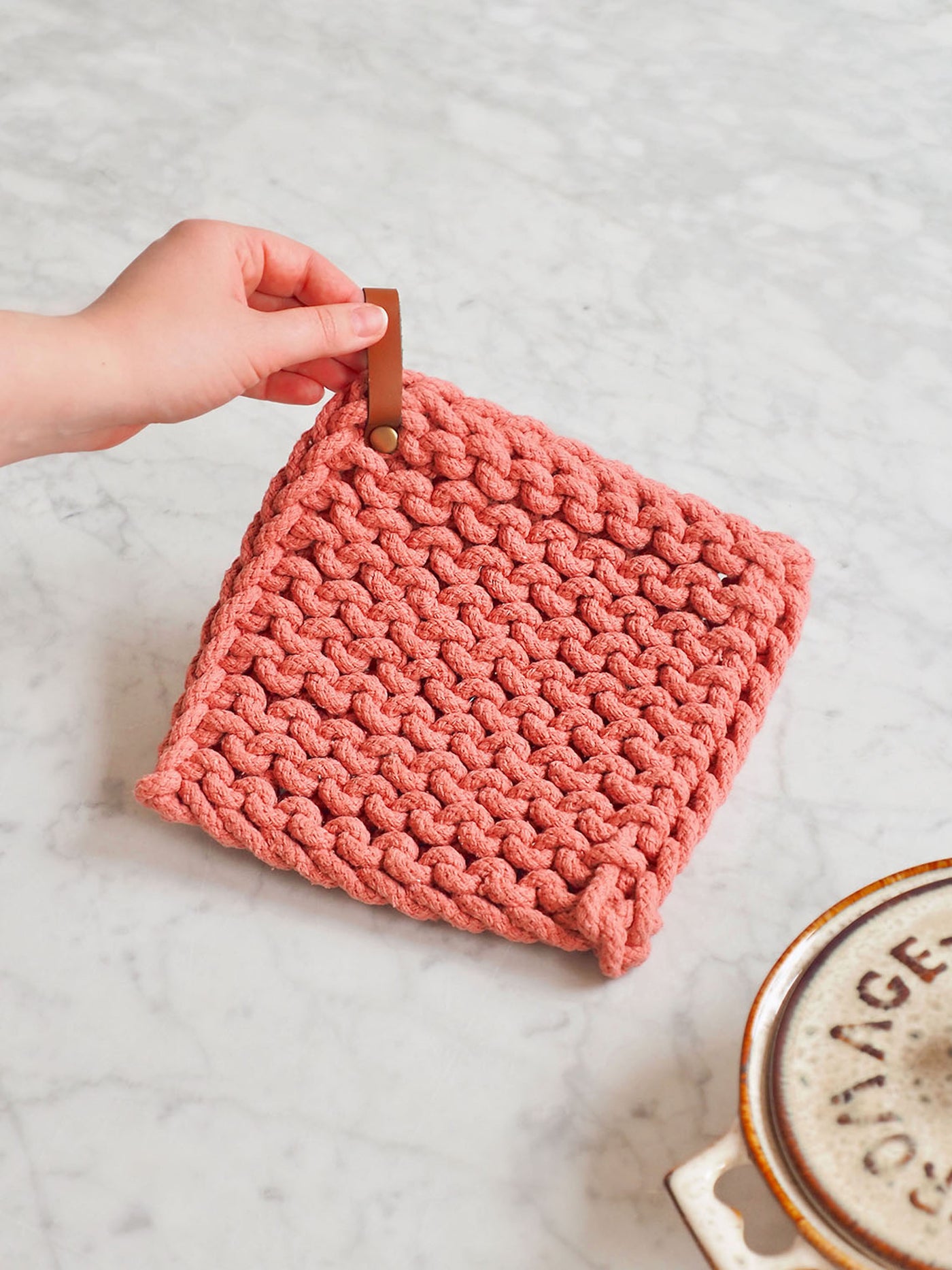Crocheted Pot Holder w/ Leather Loop - The Cross Decor & Design