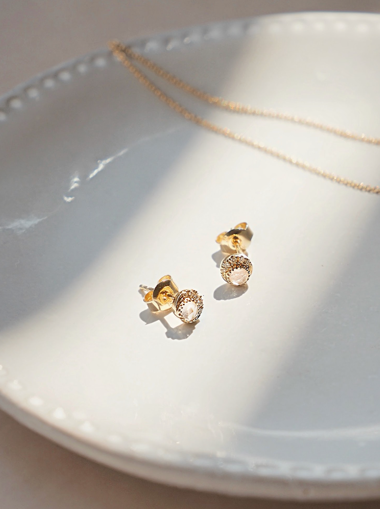 Petite Moon Phase Rainbow Moonstone Studs | 14K Gold - The Cross Decor & Design