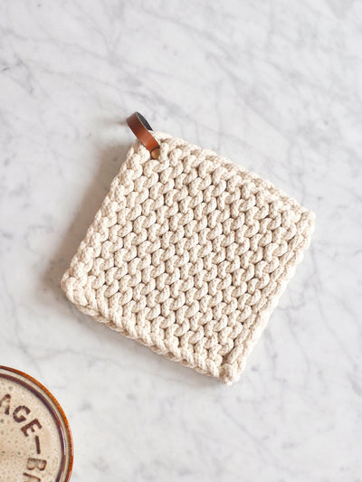 Crocheted Pot Holder w/ Leather Loop - The Cross Decor & Design