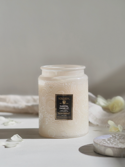 Santal Vanille Embossed Glass Jar Candle | Large - The Cross Decor & Design