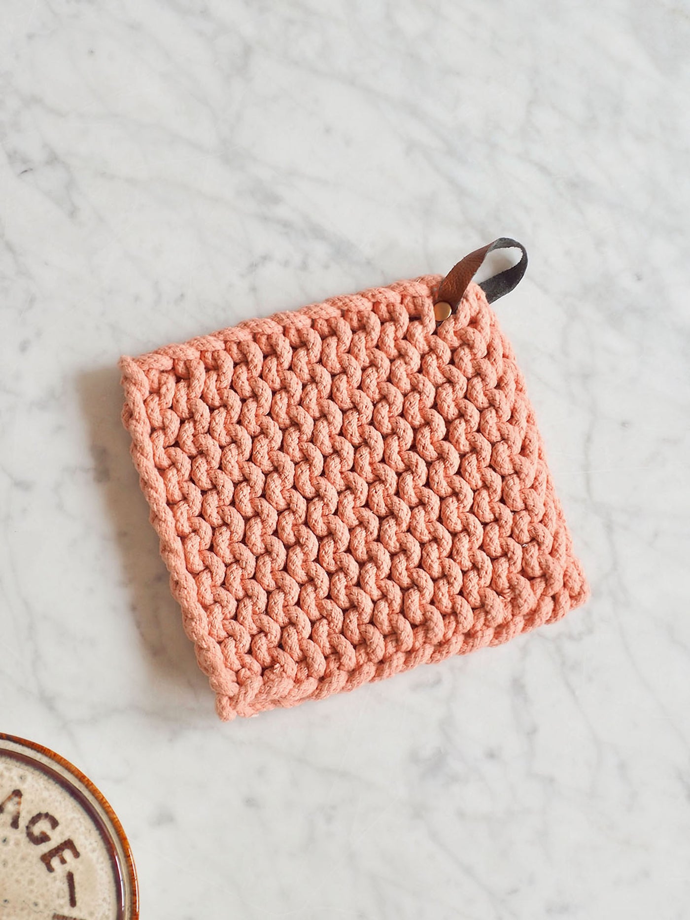 Crocheted Pot Holder w/ Leather Loop - The Cross Decor & Design