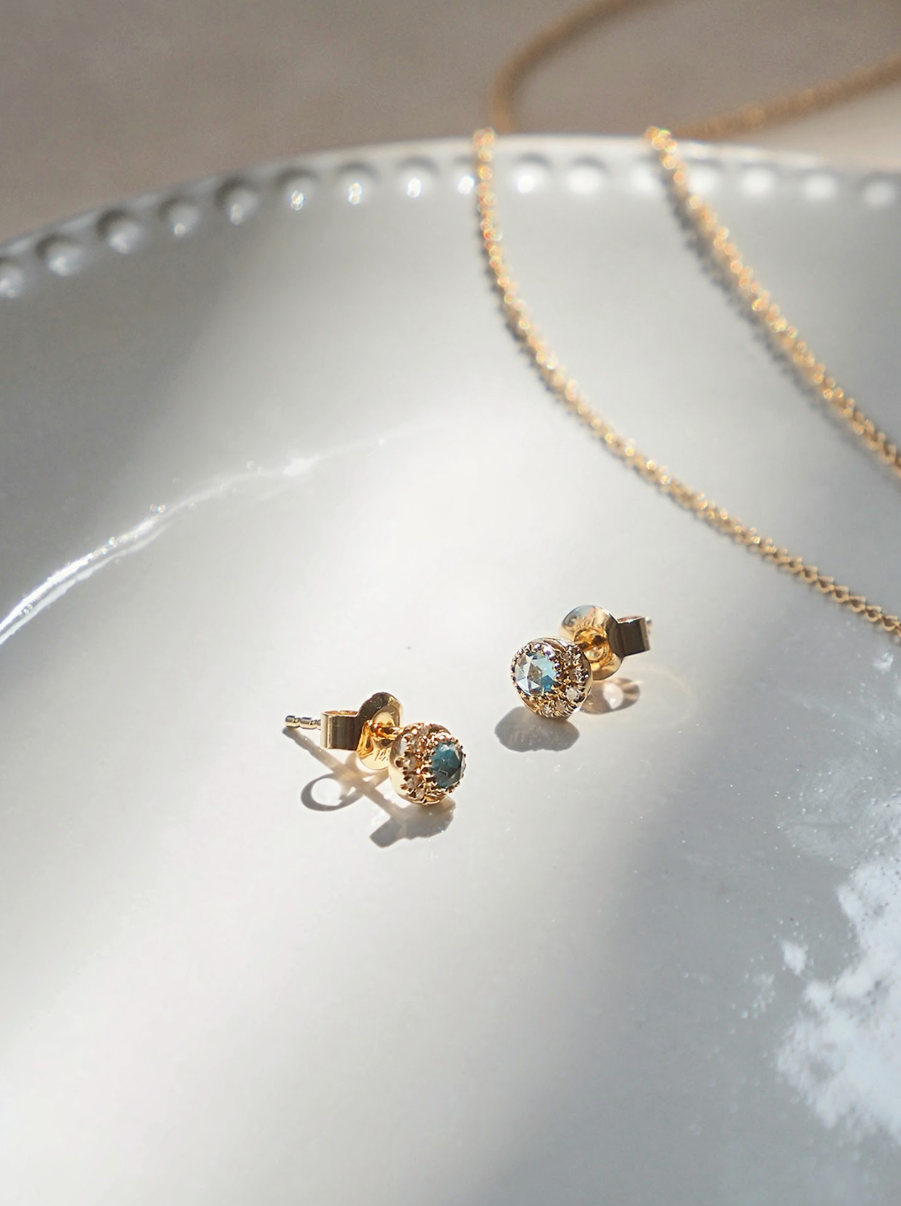 Petite Moon Phase London Blue Topaz Studs | 14K Gold - The Cross Decor & Design