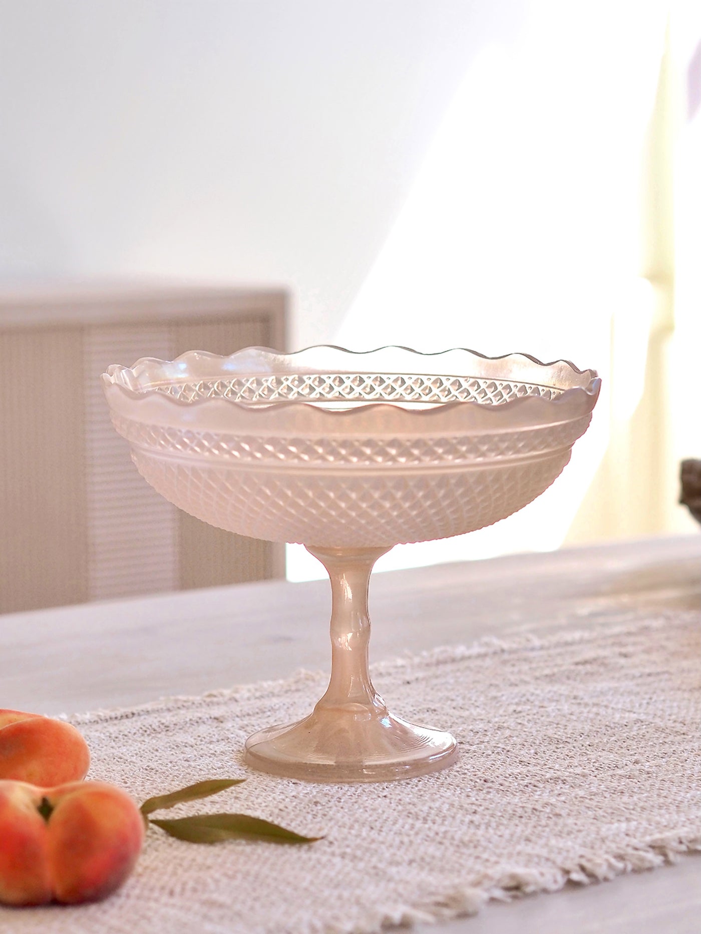 Blush Pressed Glass Scalloped Footed Bowl | Small