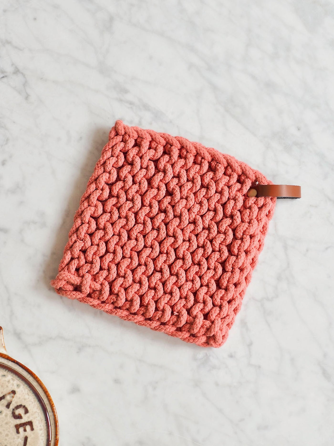 Crocheted Pot Holder w/ Leather Loop - The Cross Decor & Design