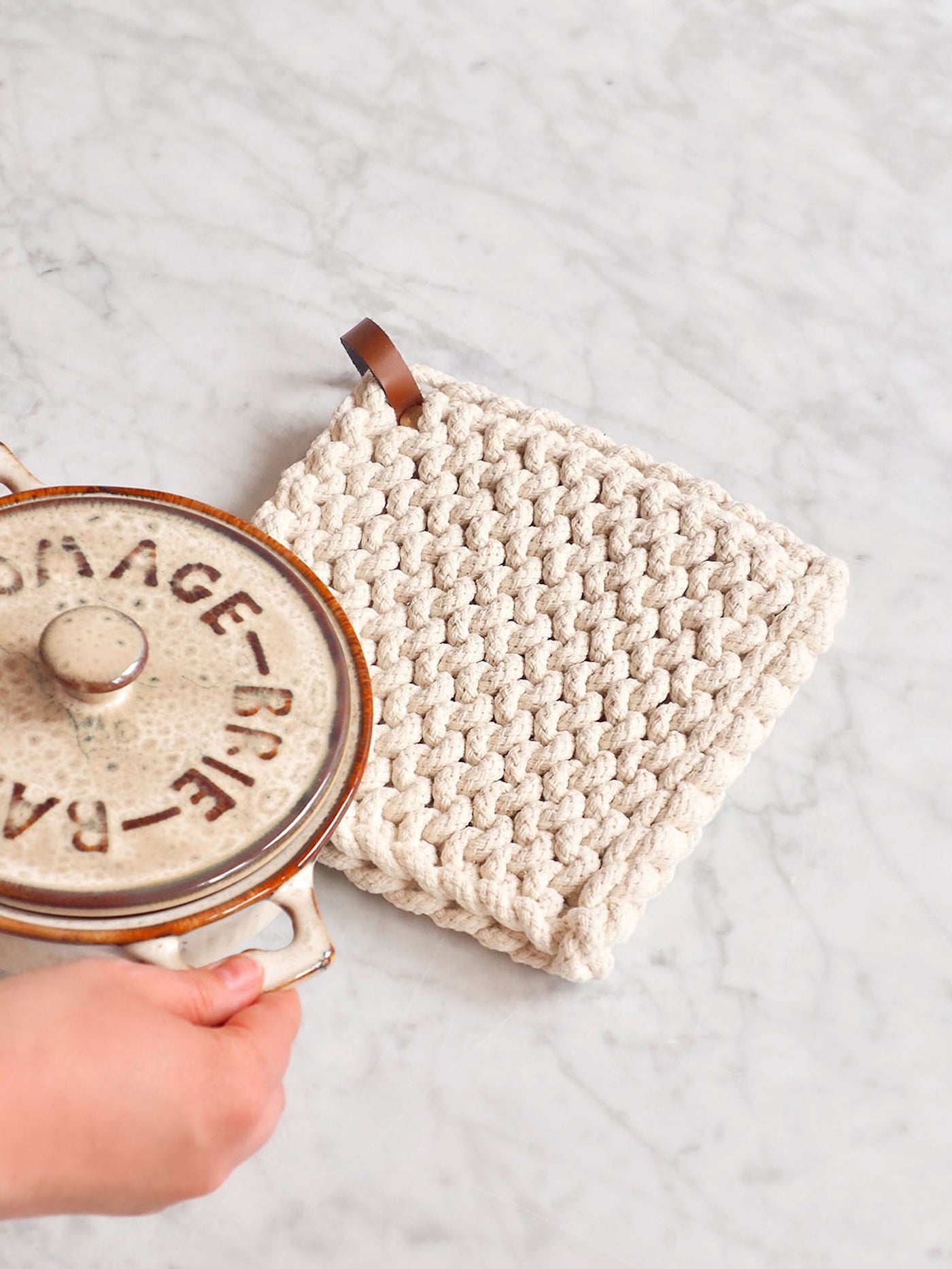 Crocheted Pot Holder w/ Leather Loop - The Cross Decor & Design