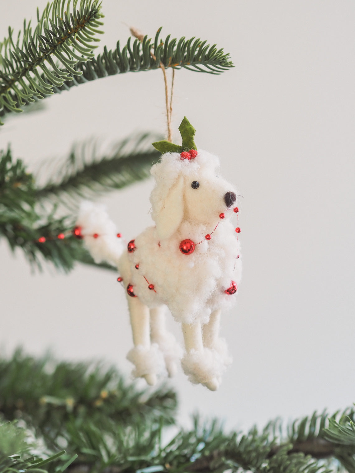 White Poodle w/ Holly Hat Ornament