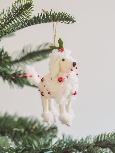 White Poodle w/ Holly Hat Ornament