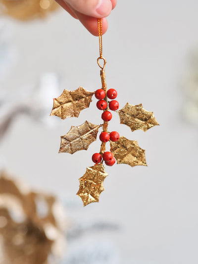 Gold Burnished Holly Ornament