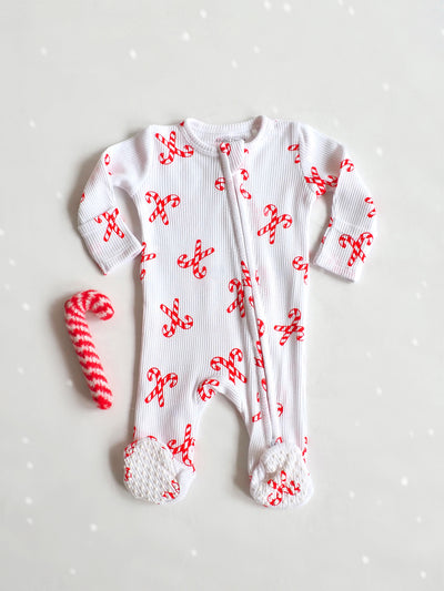 Red Candy Canes Bows Zipper Footie